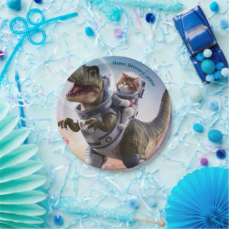 Dinosaurier und Katzenastronaut individuell anpass Pappteller