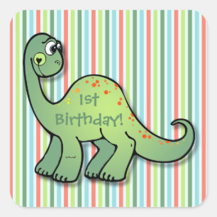 Dinosaurier und Streifen 1. Geburtstag 1,5" q. Auf Quadratischer Aufkleber