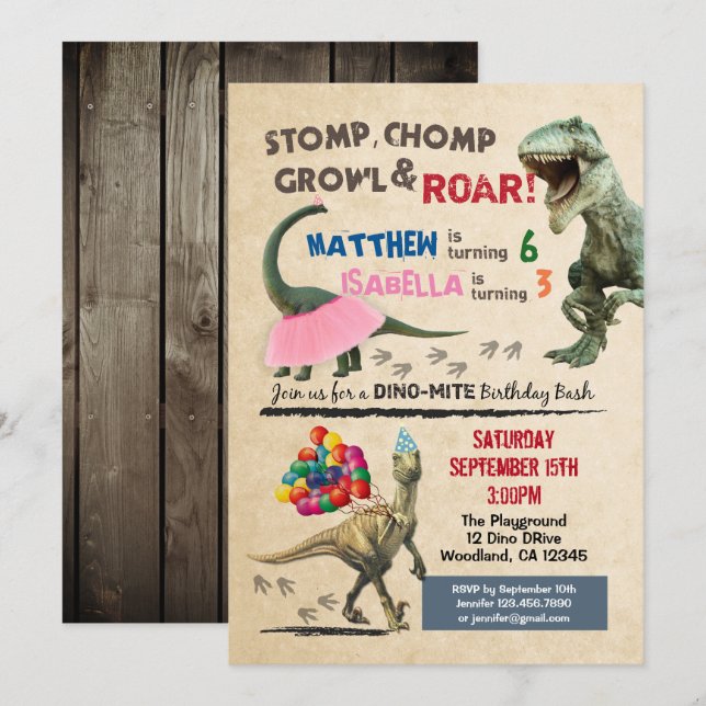Dinosaurier und Tutu Einladung zum Geburtstag (Vorne/Hinten)