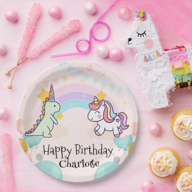 Dinosaurier Unicorn Regenbogengradientengeburt Geb Pappteller (Party)