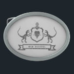 Dinosaurier-Wappenkunde - Gürtelschnalle<br><div class="desc">Ein Dinosaurier heraldischer Blazon, der einen Triceratops innerhalb eines Schildes gestützt durch zwei Velociraptors darstellt. Im Band gibt es auch die Redewendungen: alte Schule.</div>