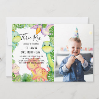 Dinosaurier Wasserfarbe Drei Rex 3. Geburtstags-Fo Einladung