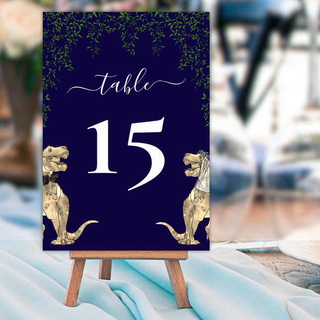 Dinosaurier Wedding Foliage Navy Blue & White Tischnummer (Dinosaur wedding navy blue and white custom table number card Elegant modern script T-Rex dino )