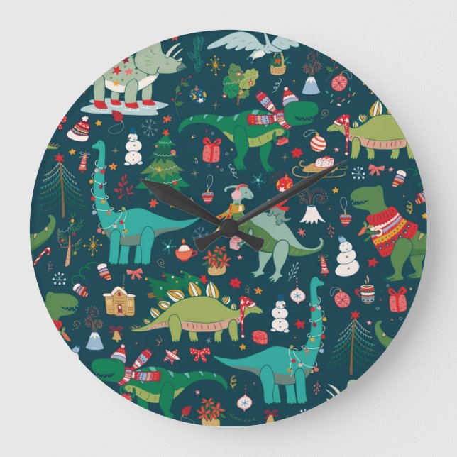 Dinosaurier Weihnachten: Frohes Neues Jahr Große Wanduhr (Vorderseite)