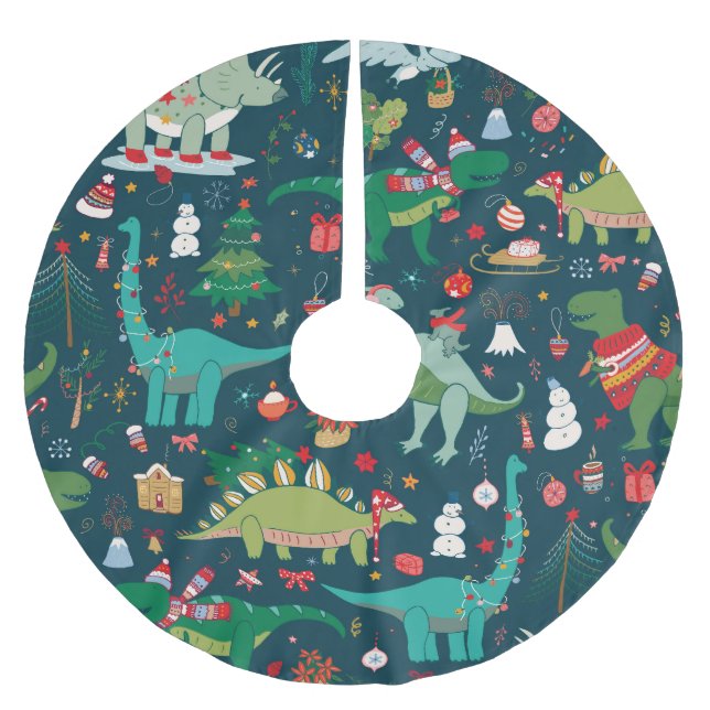 Dinosaurier Weihnachten: Frohes Neues Jahr Polyester Weihnachtsbaumdecke (Vorderseite)