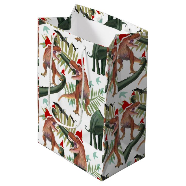 Dinosaurier Weihnachten Mittlere Geschenktüte (Vorderseite Schrägansicht)