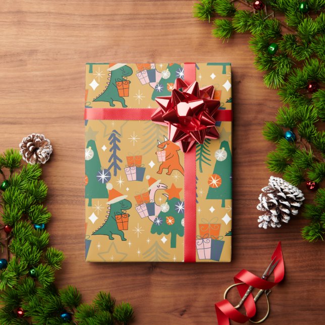 Dinosaurier Weihnachts-Party Gelb Geschenkpapier (Feiertagsgeschenk)