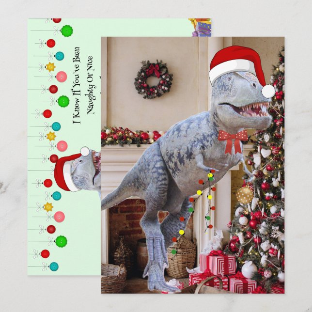 Dinosaurier Weihnachtsflachkarte (Vorne/Hinten)