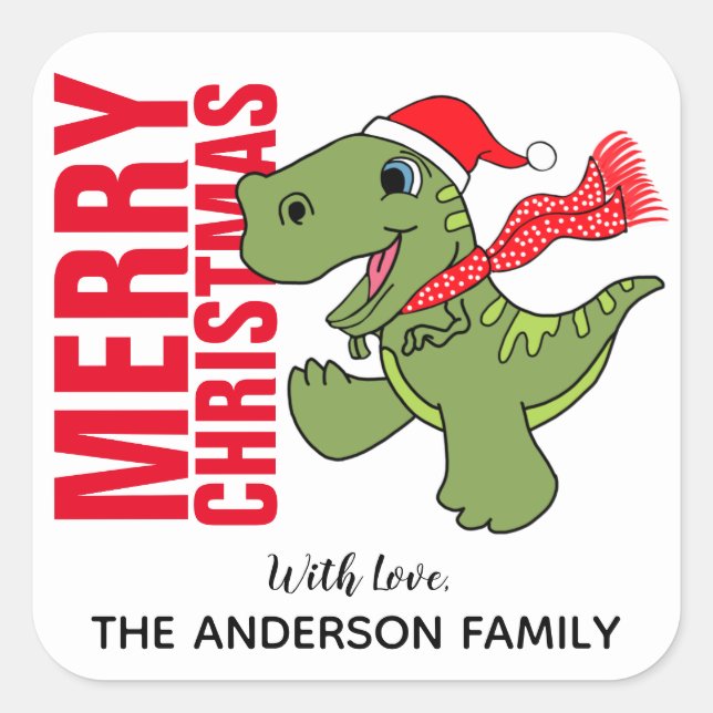Dinosaurier Weihnachtslabel Quadratischer Aufkleber (Vorderseite)