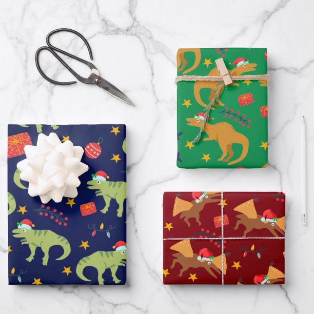 Dinosaurier Weihnachtsmuster-Weihnachtsmannmütze Geschenkpapier Set (Vorderseite)