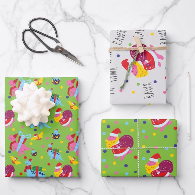 Dinosaurier Weihnachtswrapping Paper für Kinder Geschenkpapier Set (Vorderseite)
