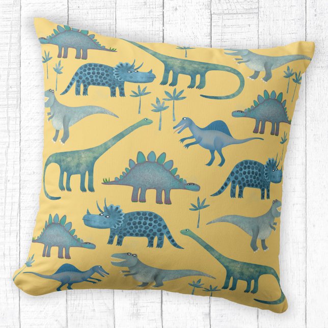 Dinosaurier Yellow Kissen (Fun dinosaur themed yellow throw pillow)