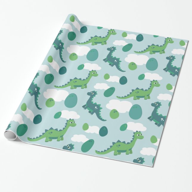Dinosaurierei-Packpapier-Babyblau/Grün/Minze Geschenkpapier (Ungerollt)