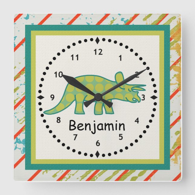 Dinosauriermauer, grüne Tricerotops für Kinder Quadratische Wanduhr (Vorderseite)