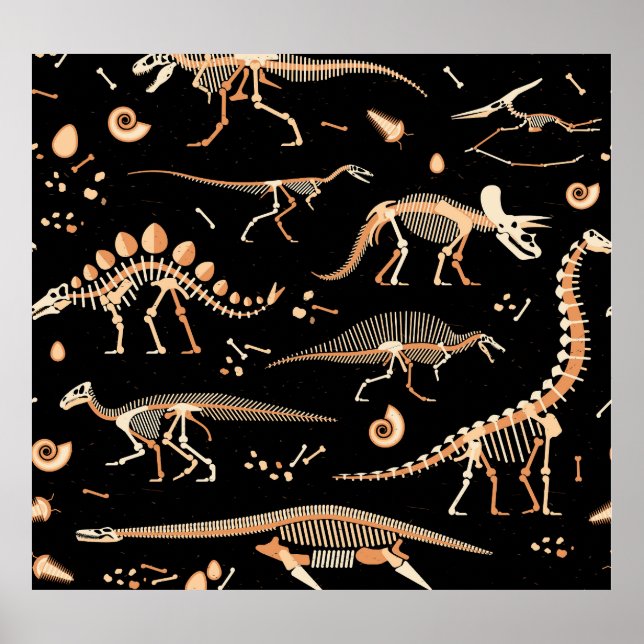 Dinosaurierskelette, Fossilien, Vintages Muster. Poster (Vorne)