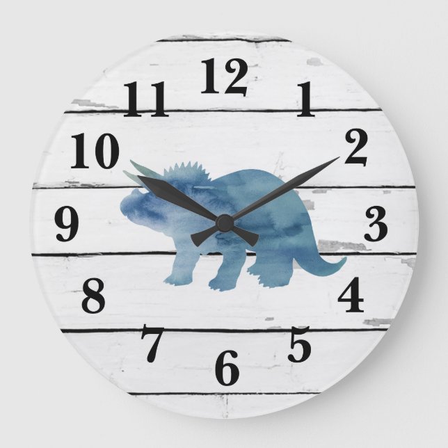 Dinosauriertriceratops-Dekor rustikales Shiplap Große Wanduhr (Vorderseite)