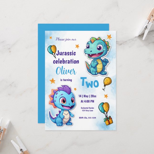 Dinosaurs Cartoon Blue Birthday Celebration Einladung (Vorderseite/Rückseite Beispiel)