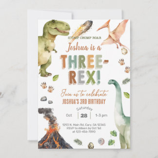 Dinosaurs Three-Rex boy 3rd birthday invite. Einladung