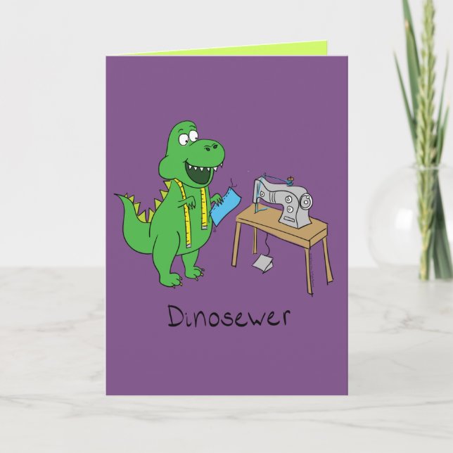 DinoSewer nähende Dinosaurier-lustige Gruß-Karte Karte (Vorderseite)