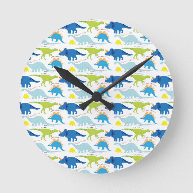 Dinosuar Designs Blue and Green Pattern Dino Gifts Runde Wanduhr (Vorderseite)