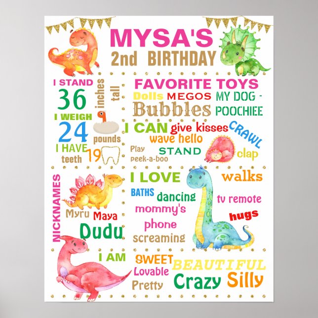 Dinosuars Birthday Party-Zeichen für Mädchen Poster (Vorne)