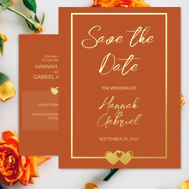 D'invitation À Feuilles D'aluminium Mariage Foil Enregistrer la date Carte Postale Ter (The front and back of the Terracotta Gold Wedding Save the Date Postcard)
