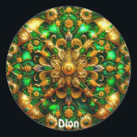 DION ~ Shiny Green und Gold Christmas ~ Runder Aufkleber<br><div class="desc">Ich habe dieses computergenerierte KI-Muster im NightCafe mit meiner Fantasie erstellt. Es ist in Grün- und Goldtönen gehalten und betont den 3D-Aspekt des Musters. Dieses Design ist eines,  das jeder Liebe würde. Liz hat dieses Muster gemacht.</div>