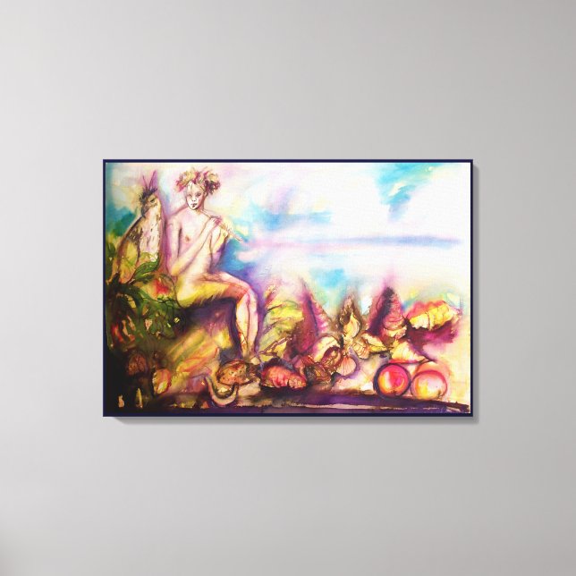 DIONYSUS , Flute mit Muscheln und Obst spielen Leinwanddruck (Vorderseite)