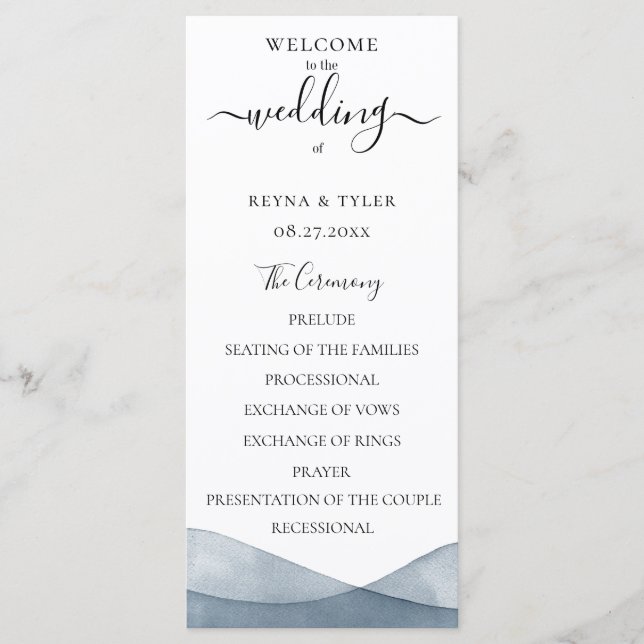 Dip Dye Blue Watercolor Wedding Programm (Vorderseite)