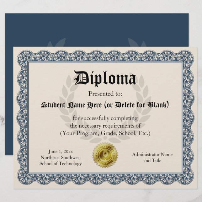 Diploma Certificate of Abschluss Blue 8.5x11 (Vorne/Hinten)
