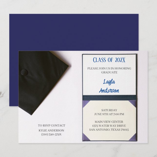 Diploma für die blaue/schwarze Graduierung Einladung (Vorne/Hinten)