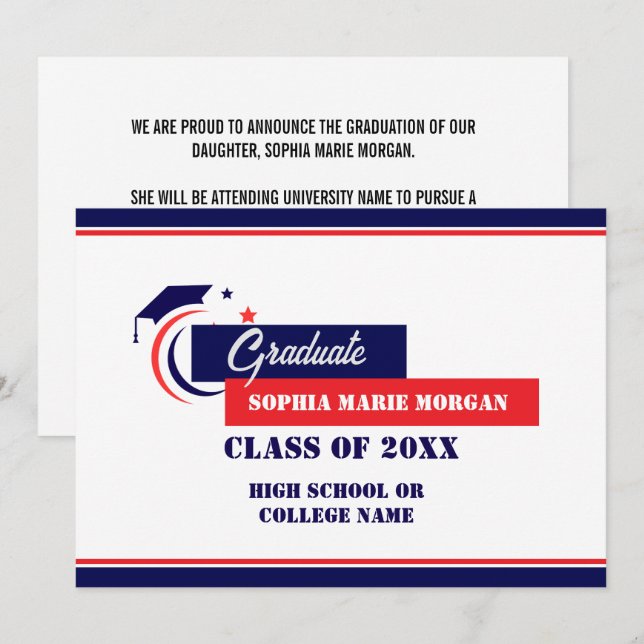 Diplômé Bleu Rouge Blanc Faire-part (Devant / Derrière)