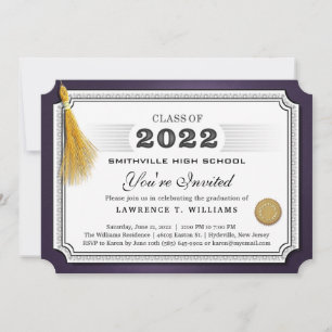 Diplôme d'or violet Tassel 2022 Invitation du Grad