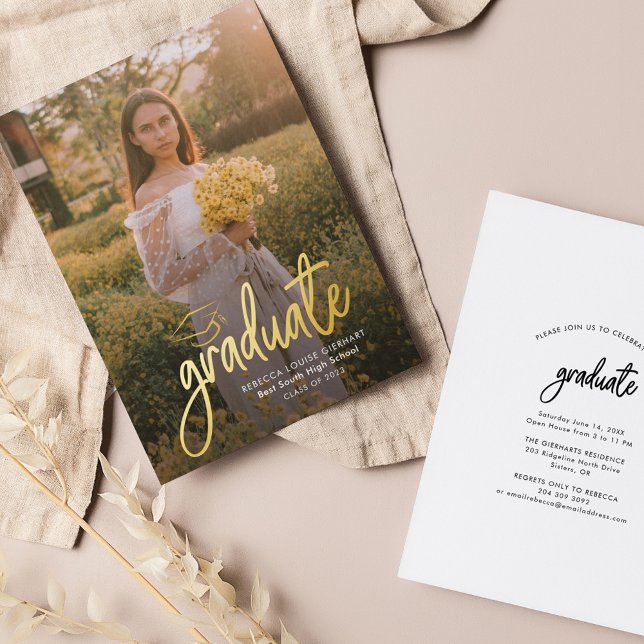 Diplômé Photo Faire-part Gold Foil (Graduation 2024 Photo Party Gold Foil Invitation)