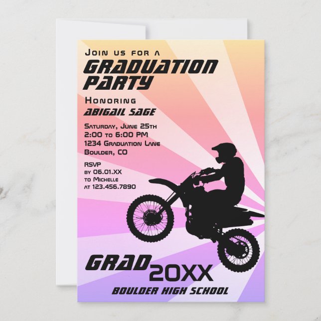 Dirt Bike Motocross Sunburst Abschluss Einladung (Vorderseite)