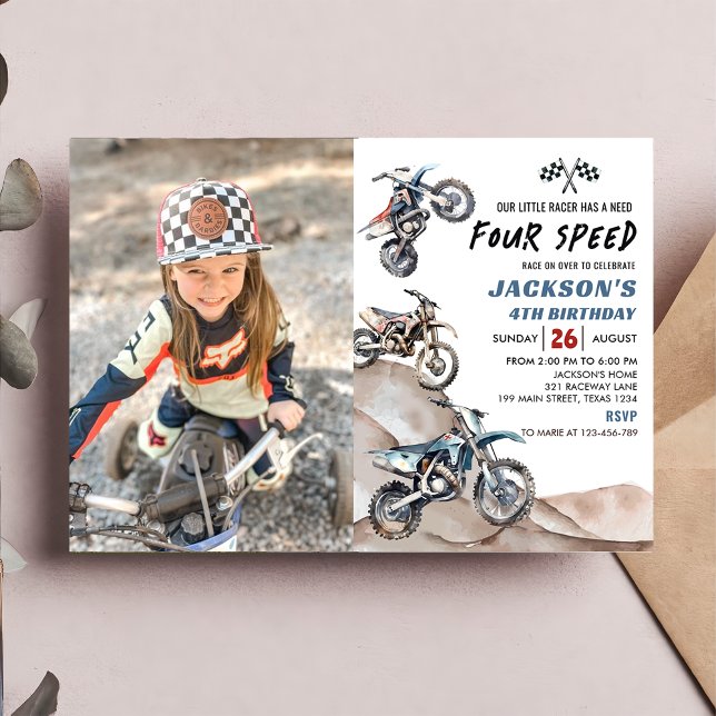 Dirt Bike Race Boy 4th Birthday Photo Invitation (Créateur téléchargé)