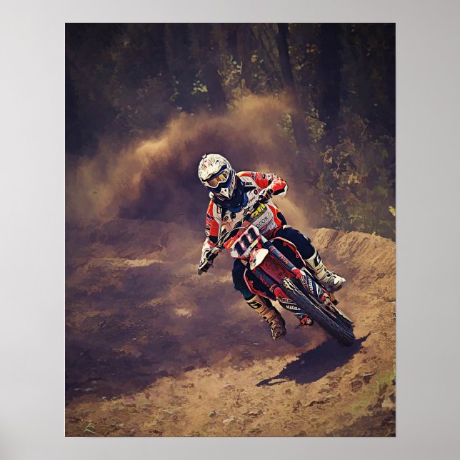 Dirt Biker über den Fluss und durch den Wald Poster (Vorne)
