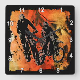 Dirtbiker Duo Red and Orange Grunge Quadratische Wanduhr