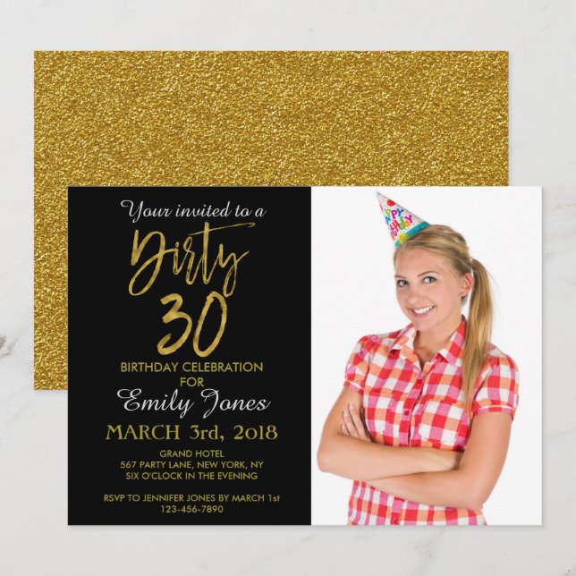 Dirty 30 Gold Foil Invitation Anniversaire (Devant / Derrière)