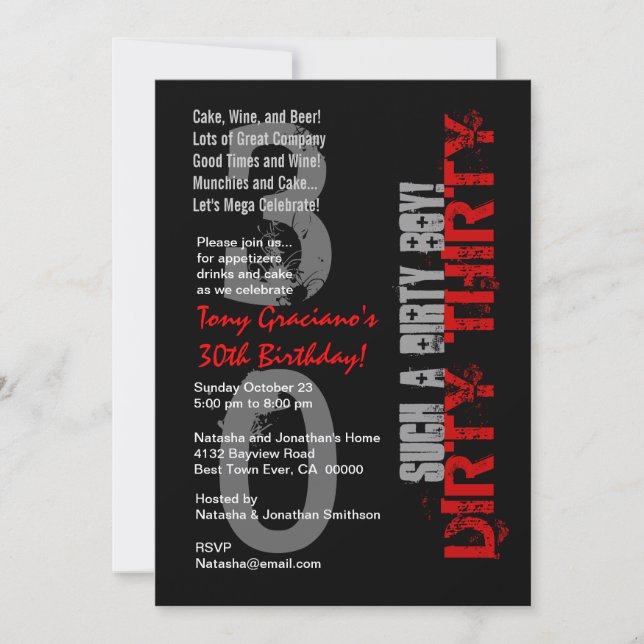 Dirty 30Birthday Schwarz Rot so ein schmutziger Ju Einladung (Vorderseite)