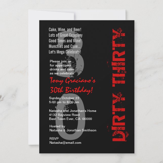 Dirty Thirty Birthday Schwarz-weiß Red Template Einladung (Vorderseite)