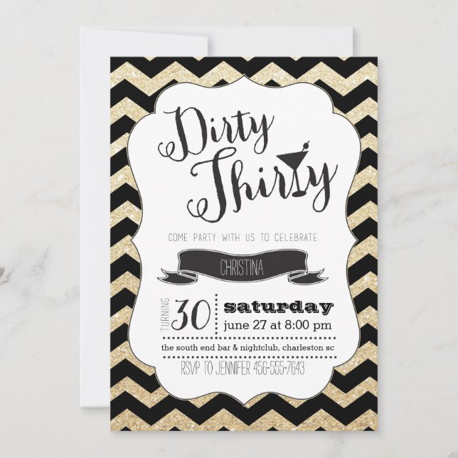 Dirty Thirty Black & Gold Chevron Invitation d'ann (Devant)