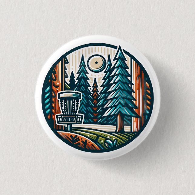 Disc Golf im Wald Retro-Vibe-Kunst Button (Vorderseite)