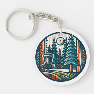 Disc Golf im Wald Retro-Vibe-Kunst Schlüsselanhänger