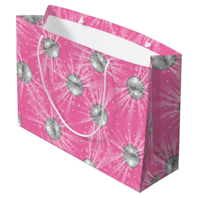 Disco Ball Baby Dusche Groovy Pink Girl Große Geschenktüte (Rückseite Schrägansicht)