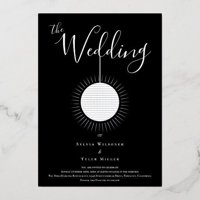 Disco Ball Black Silver Wedding Folieneinladung (Vorderseite)