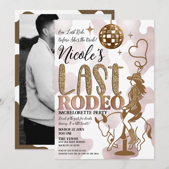 Disco Ball Cowgirl Letzter Rodeo Junggeselinnen-Ab Einladung (Vorne/Hinten)