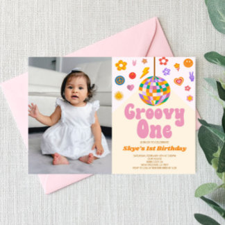Disco Ball Groovy One Picture 1st Birthday Party Einladung