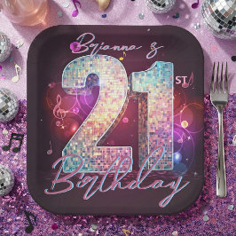 Disco Ball Musical Notes Pink 21st Birthday Pappteller