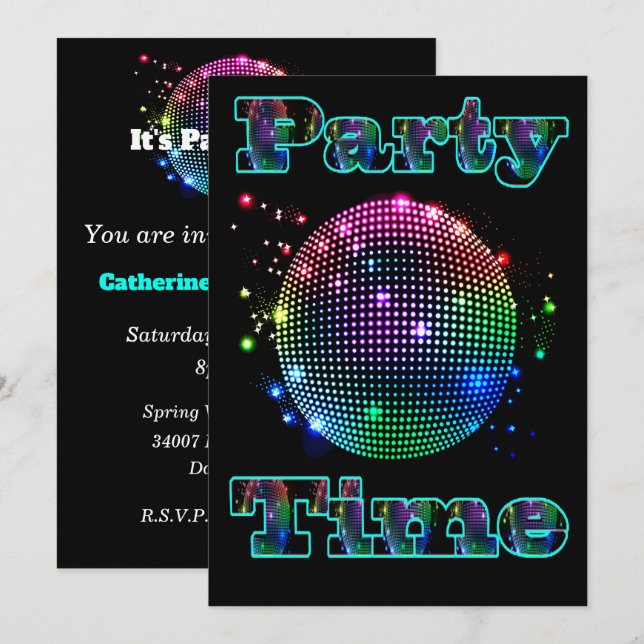 Disco Ball Party Zeit individuelle Einladung (Vorne/Hinten)